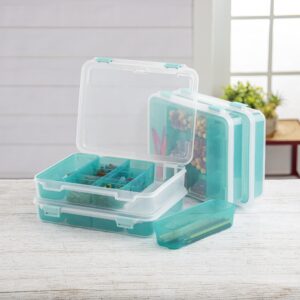 Sterilite Divided Case, Stackable Plastic Small Storage Container with Latch Lid, Organize Crafts, Small Hardware Items, Clear with Blue Trays, 6-Pack