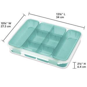 Sterilite Divided Case, Stackable Plastic Small Storage Container with Latch Lid, Organize Crafts, Small Hardware Items, Clear with Blue Trays, 6-Pack