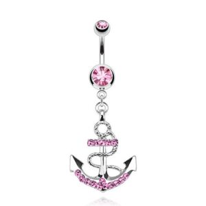 forbidden body jewelry surgical steel cz crystal anchor nautical dangle belly button ring (pink)