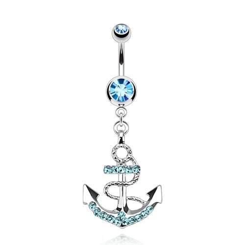 Forbidden Body Jewelry Surgical Steel CZ Crystal Anchor Nautical Dangle Belly Button RIng (Aqua)