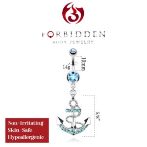 Forbidden Body Jewelry Surgical Steel CZ Crystal Anchor Nautical Dangle Belly Button RIng (Aqua)