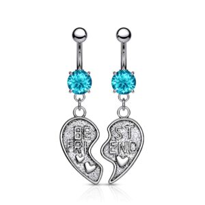 forbidden body jewelry surgical steel set of best friend matching aqua jeweled heart belly button rings