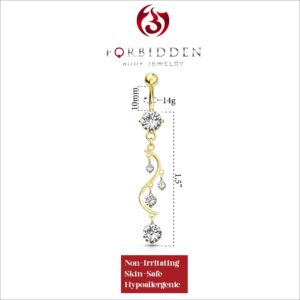 Forbidden Body Jewelry 14kt Gold Plated Surgical Steel Fancy CZ Crystal Vine Drop Multi Gem Dangle Belly Button Ring