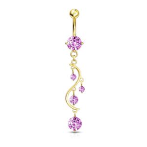 forbidden body jewelry 14kt gold plated surgical steel fancy pink cz crystal vine drop multi gem dangle belly button ring