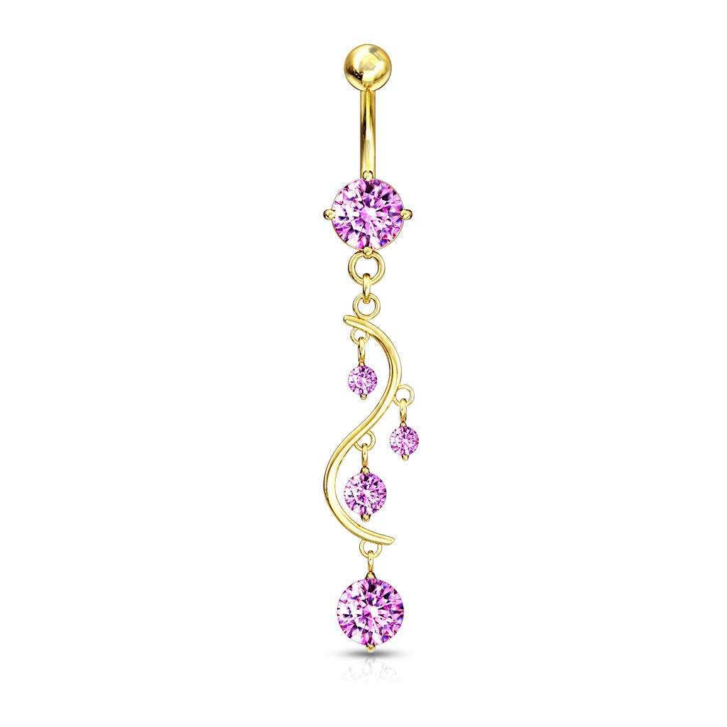 Forbidden Body Jewelry 14kt Gold Plated Surgical Steel Fancy Pink CZ Crystal Vine Drop Multi Gem Dangle Belly Button Ring