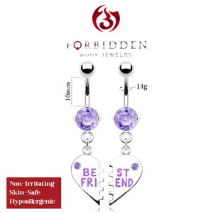 Forbidden Body Jewelry Surgical Steel Set of Best Friend Matching Purple Gem Dangle Heart Belly Button Rings