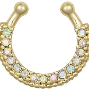 Non-Piercing Septum Jewelry: Gold Plated Aurora Borealis Pave CZ Crystal Clip On Septum Hanger