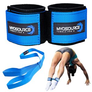 myosource kinetic bands tumble pro x ankle straps kit – cheerleading standing tumbling equipment, gymnastics backhandspring trainer – includes flexibility stunt stretch strap – blue