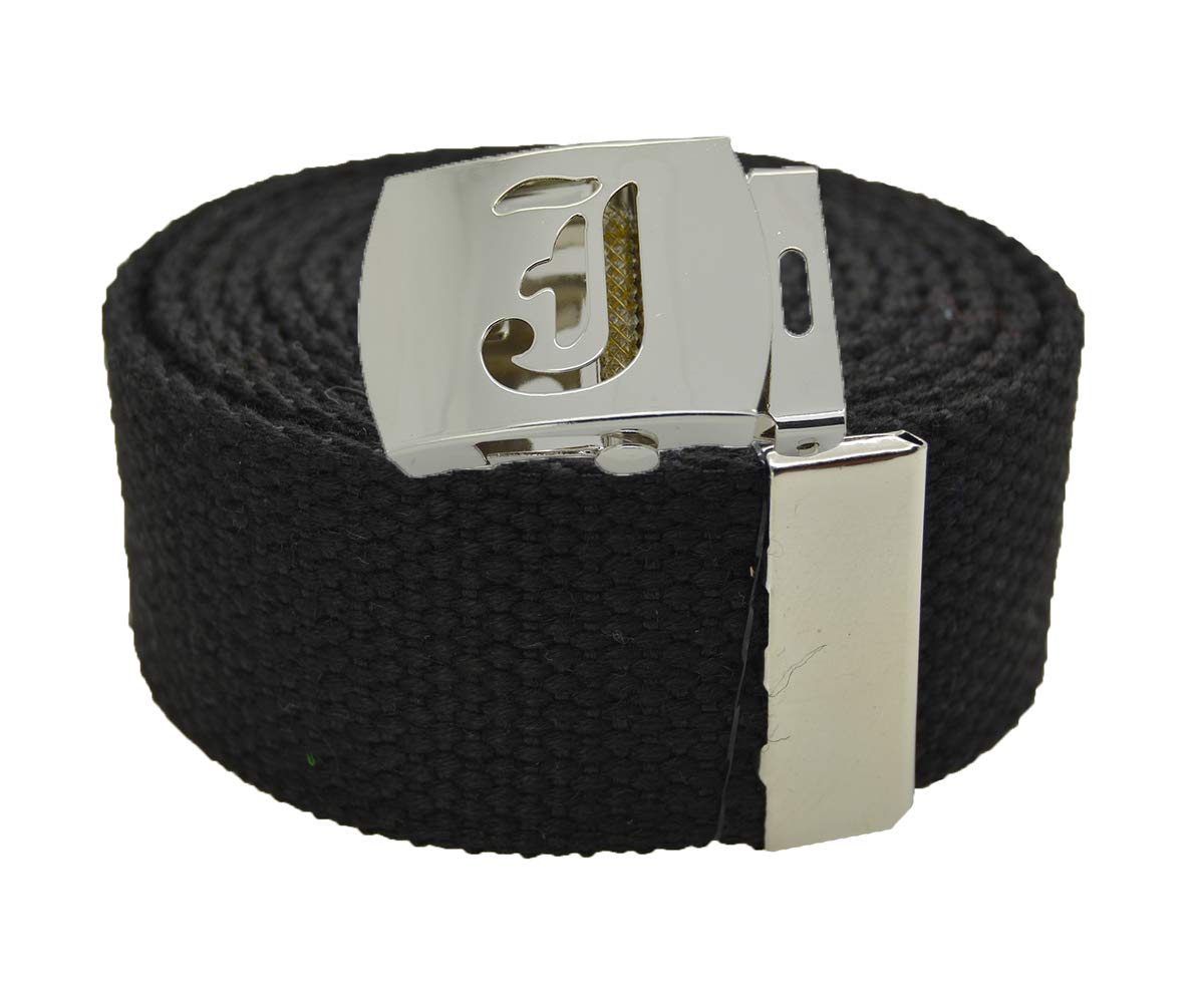 BodyJewelryOnline Old English Initial J Canvas Military Web Black Belt & Silver Buckle 60 Inch