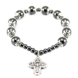 Rosary Bracelet Elastic Hematite Capped Beads Four Way Cross