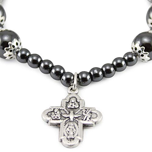 Rosary Bracelet Elastic Hematite Capped Beads Four Way Cross