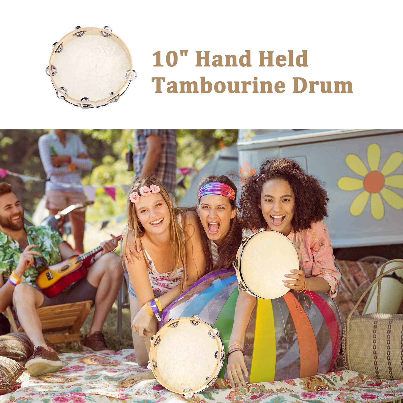 an-do-er 10" Hand Held Tambourine Drum Bell Birch Metal Jingles Percussion Musical Educational Toy Instrument for KTV Party Kids Games