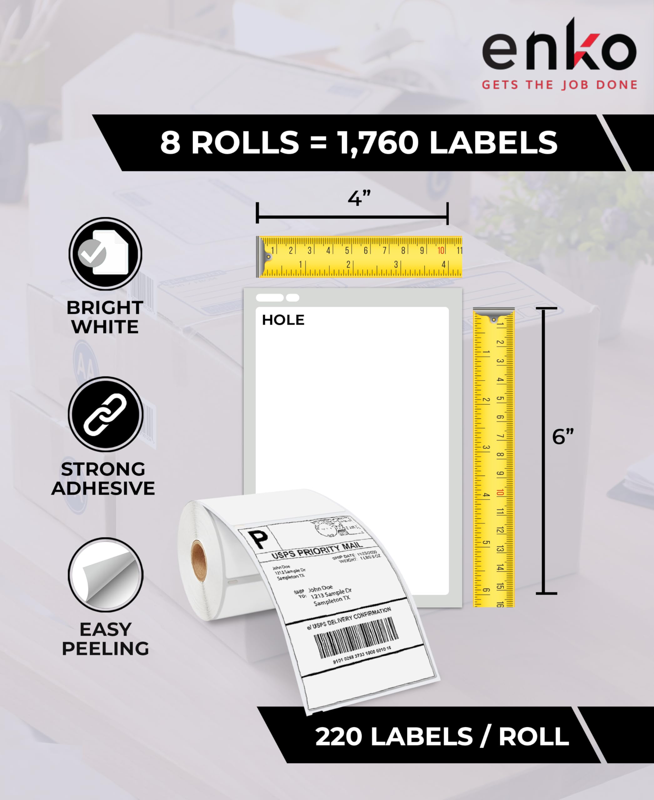 enKo Compatible Zebra 4x6 Label/Dymo Labels 1744907 (4 x 6") for Dymo Labelwriter 4XL Shipping Zebra Direct Thermal Printer (8 Rolls, 1760 Labels)