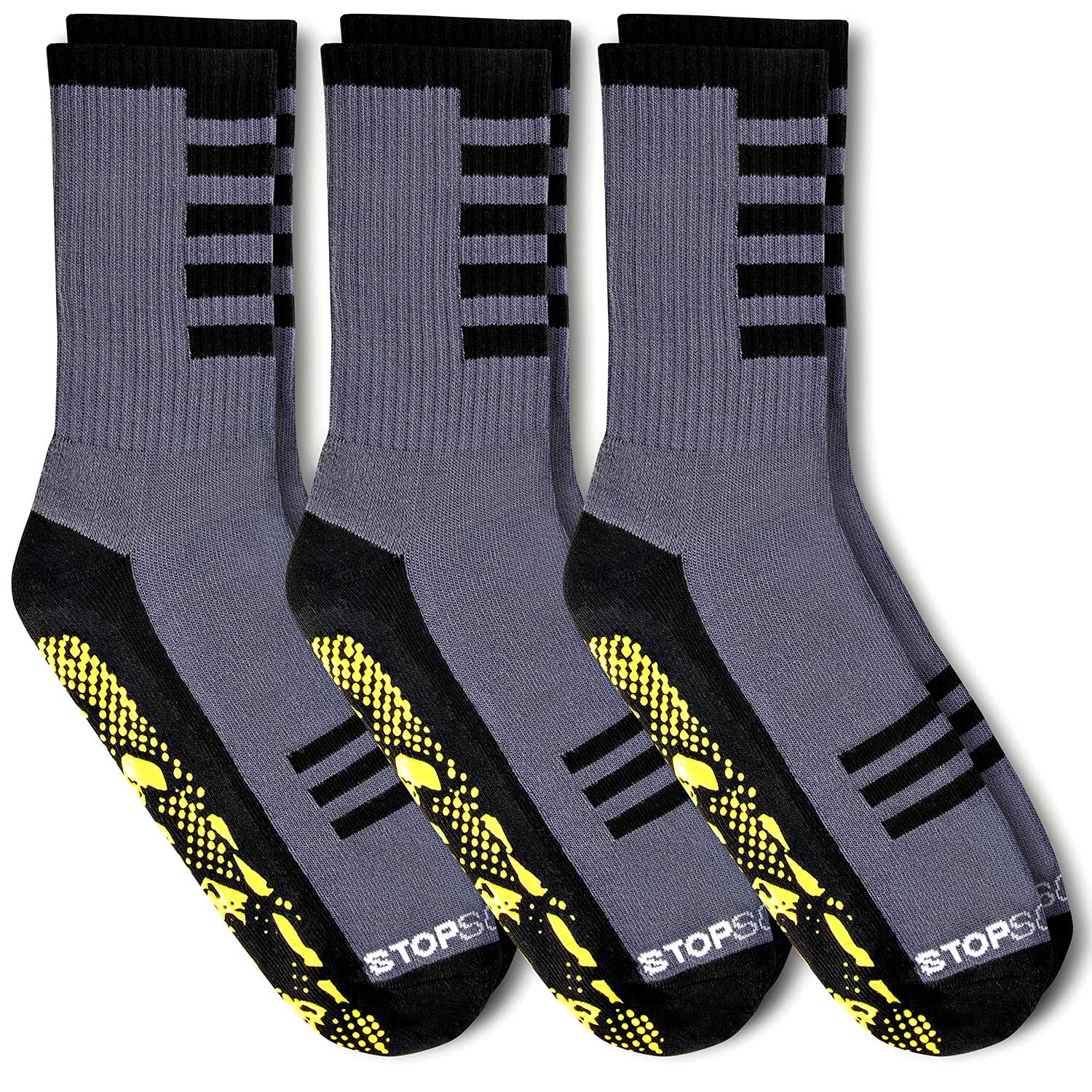 StopSocks - Hospital Socks Plus Yoga, Traction, Gym, Tread, Non Skid, Anti Slip Socks - Megaformer Plus The Perfect Running Sock Grey / Yellow - Crew - 3 Pack Large