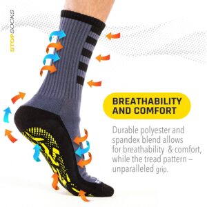 StopSocks - Hospital Socks Plus Yoga, Traction, Gym, Tread, Non Skid, Anti Slip Socks - Megaformer Plus The Perfect Running Sock Grey / Yellow - Crew - 3 Pack Large