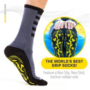 StopSocks - Hospital Socks Plus Yoga, Traction, Gym, Tread, Non Skid, Anti Slip Socks - Megaformer Plus The Perfect Running Sock Grey / Yellow - Crew - 3 Pack Large