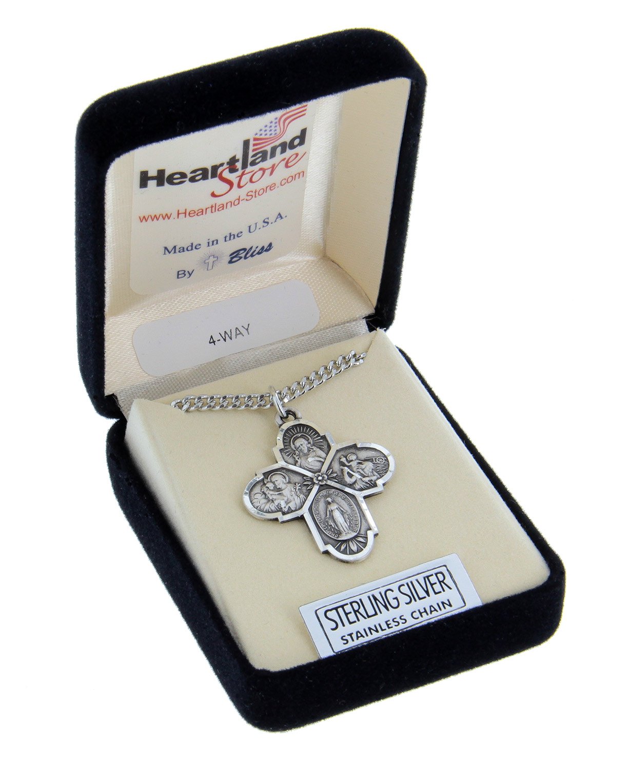 Heartland Store 4 Way Cross .925 Sterling Silver Pendant + 24 Inch Rhodium Plated Chain & Clasp