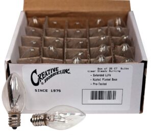 creative hobbies (25 pack night light bulbs, c7, clear, steady burning, 4 watt, candelabra base e12 (chandelier size base)