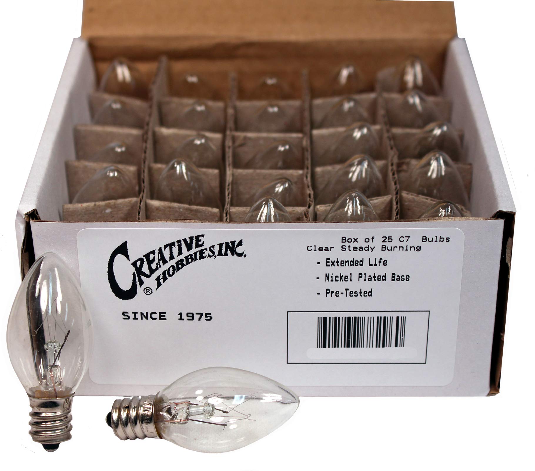 Creative Hobbies (25 Pack Night Light Bulbs, C7, Clear, Steady Burning, 4 Watt, Candelabra Base E12 (Chandelier Size Base)