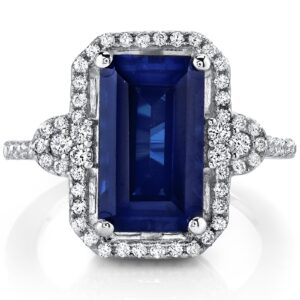 PEORA Created Blue Sapphire Ring in 925 Sterling Silver, 4.50 Carats Total, Imperial Octagon Design, Comfort Fit, Size 9