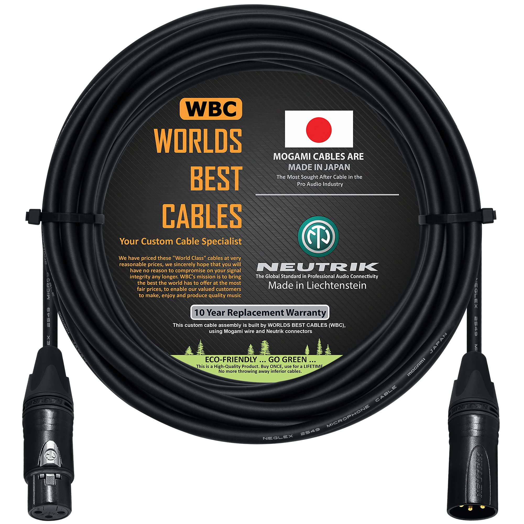 25 Foot - Balanced Microphone Cable CUSTOM MADE By WORLDS BEST CABLES - using Mogami 2549 (Black) wire and Neutrik NC3MXX-B & NC3FXX-B Gold XLR Plugs