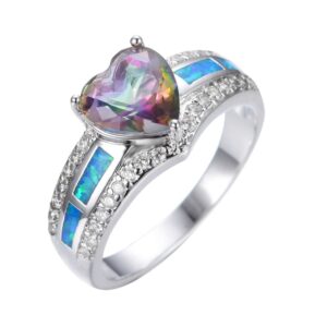 JunXin 10KT White Gold Blue Fire Opal Ring Mystic Heart Topaz Birthstone Size6/7/8/9(9)