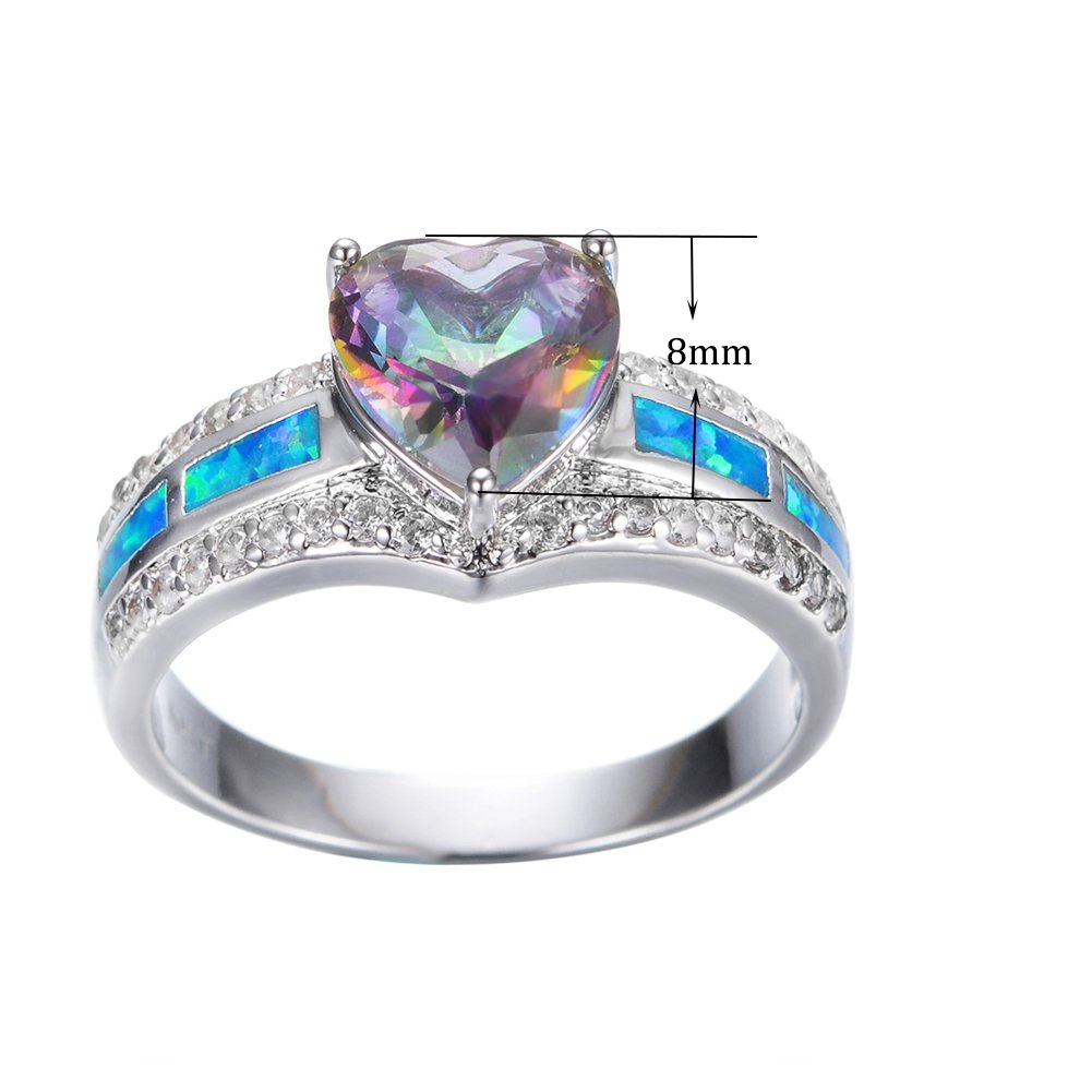 JunXin 10KT White Gold Blue Fire Opal Ring Mystic Heart Topaz Birthstone Size6/7/8/9(9)