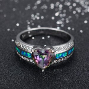 JunXin 10KT White Gold Blue Fire Opal Ring Mystic Heart Topaz Birthstone Size6/7/8/9(9)