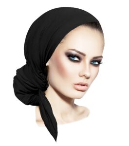 sharirose black headscarf soft cotton pre-tied head covering for women head wear head wrap versatile long head wrap bandana turban wrap (black long - 046)