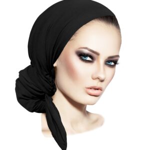 ShariRose Black Headscarf Soft Cotton Pre-tied Head Covering for Women Head wear Head wrap Versatile Long Head wrap Bandana Turban Wrap (Black long - 046)