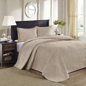 Madison Park Quebec Reversible Quilt Set Damask Design, Double Sided Stitching All Season, Lightweight Bedspread Bedding Set, Matching Sham, Khaki, King(120"x118") 3 Piece