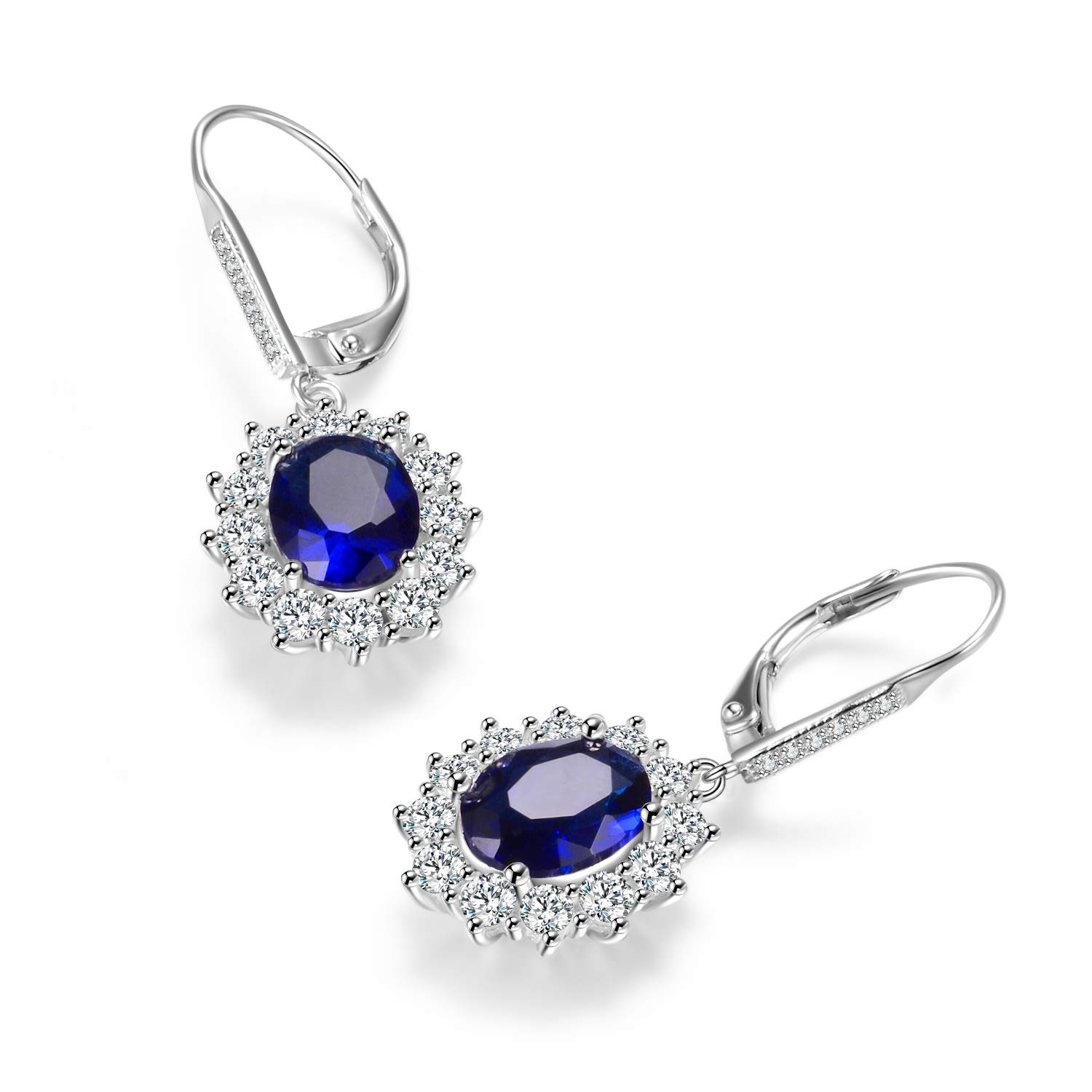 YFN Sterling Silver Created Oval Cut Birthstone Drop Dangle Women Leverback Earrings (September-Sapphire Earrings)