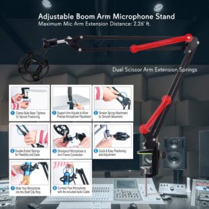 Pyle Suspension Microphone Boom Stand, Simple Clamp-Style Installation, Desktop Scissor Spring Arm Mic Stand w/ Shock Mount, Quick Setup & attached, Maximum Mic Arm Extension Dst= 2.26' ft.(PMKSH01)