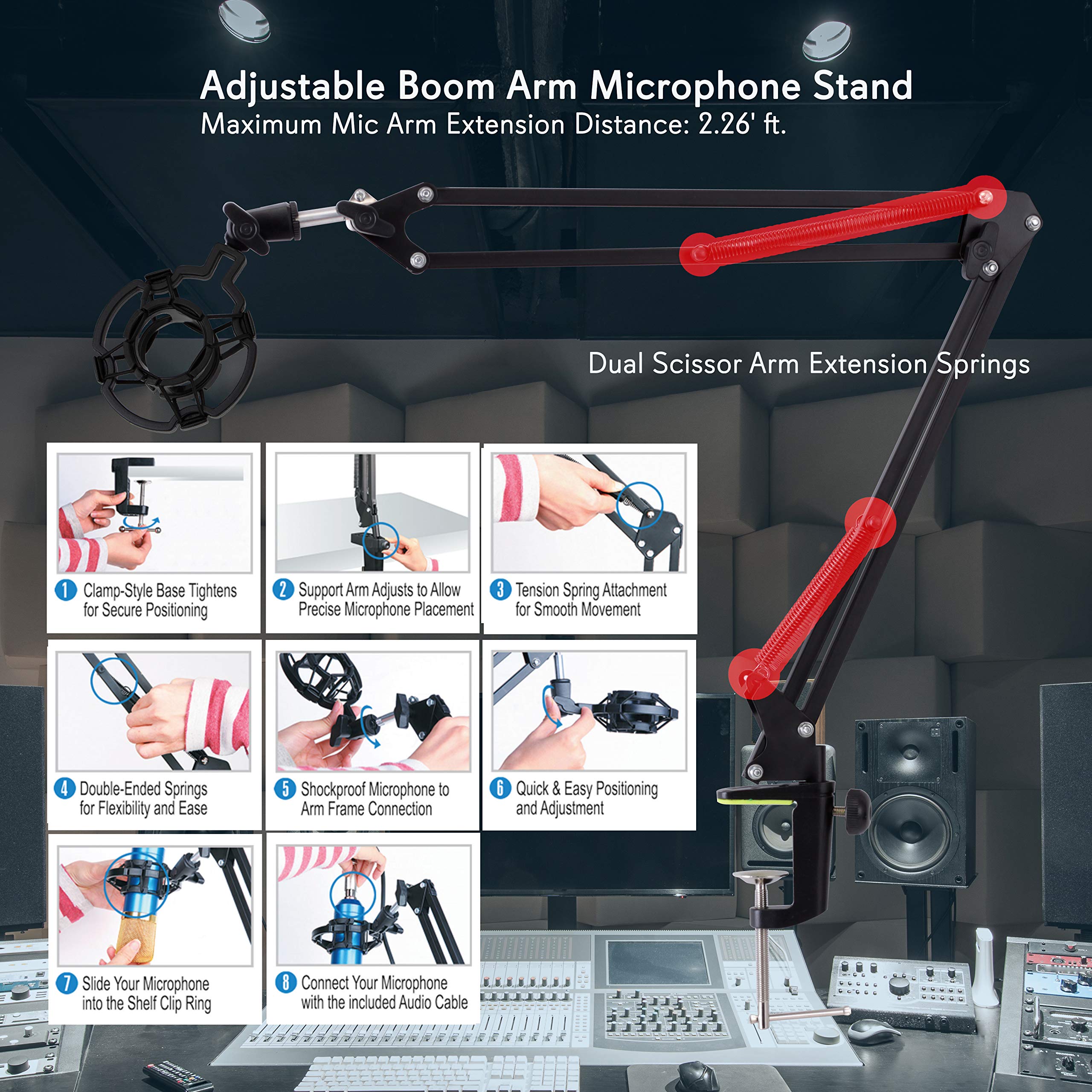 Pyle Suspension Microphone Boom Stand, Simple Clamp-Style Installation, Desktop Scissor Spring Arm Mic Stand w/ Shock Mount, Quick Setup & attached, Maximum Mic Arm Extension Dst= 2.26' ft.(PMKSH01)