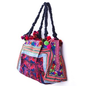 changnoi Handmade Tote Bag, Hmong Tribes Embroidered Beach Bag for Women (Bird Red)