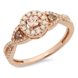 dazzlingrock collection morganite,champagne & white diamond 3 stone swirl halo engagement ring in 10k rose gold, size 6