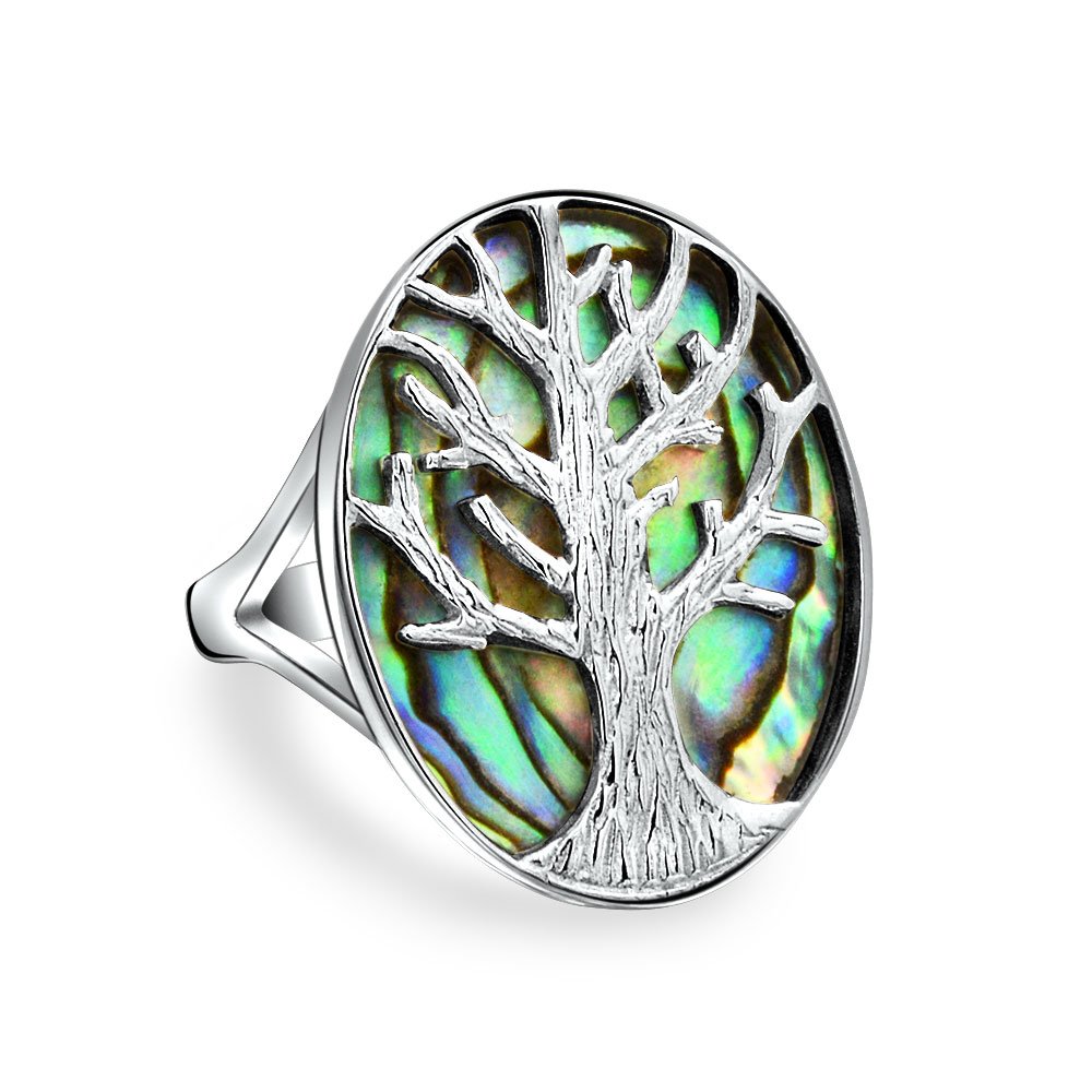 Bling Jewelry Large Statement Oval Rainbow Abalone Shell Earth Nature Family Wishing Tree Of Life Ring For Women .925 Sterling Silver