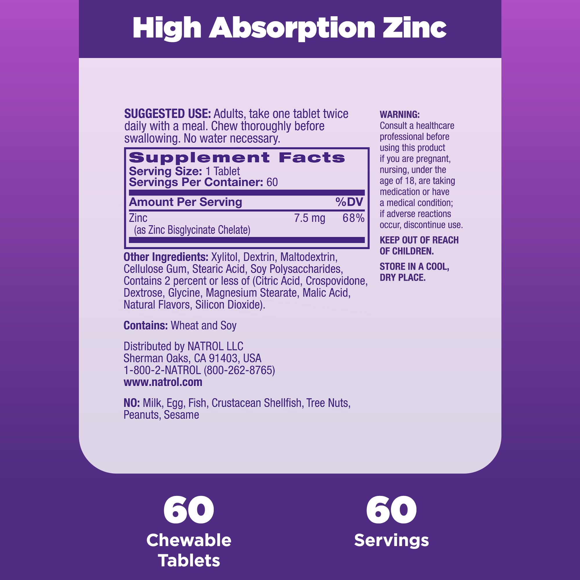 Natrol High Absorption Zinc 7.5 mg per Serving, Dietary Supplement for Immune Health, Chewable Tablets for Adults, 60 Zinc Tablets, 60 Day Supply