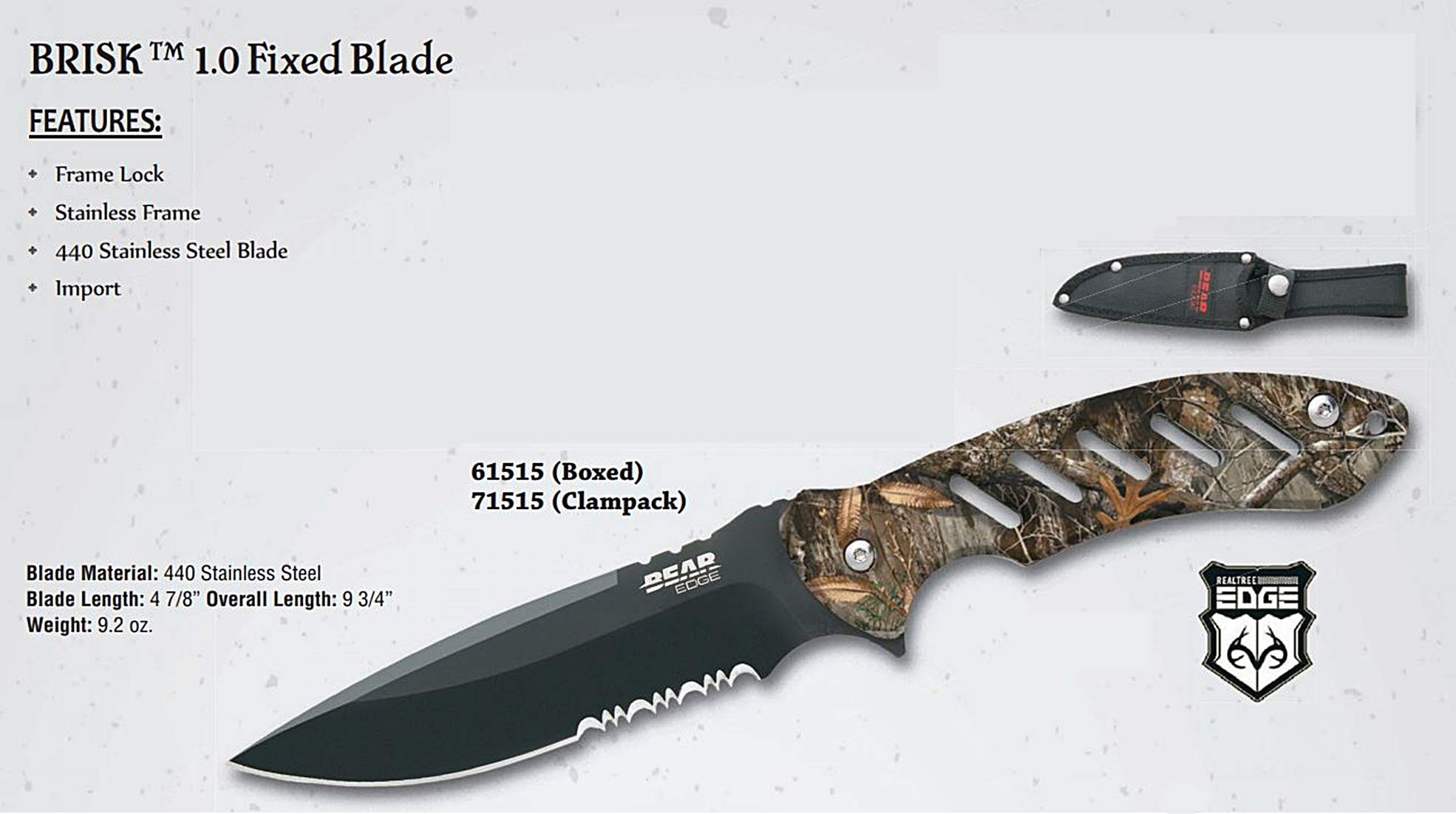 Bear Edge Brisk 1.0 Full Tang Knife, 4-7/8” 440 High Carbon Black Stainless Steel Partial Serrated Blade, Camo Handle with Ballistic Sheath (61515)