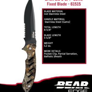 Bear Edge Brisk 1.0 Full Tang Knife, 4-7/8” 440 High Carbon Black Stainless Steel Partial Serrated Blade, Camo Handle with Ballistic Sheath (61515)