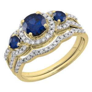 Dazzlingrock Collection Round Blue Sapphire & White Diamond Ladies 3 Stone Halo Wedding Ring Set 14K Yellow Gold, Size 7