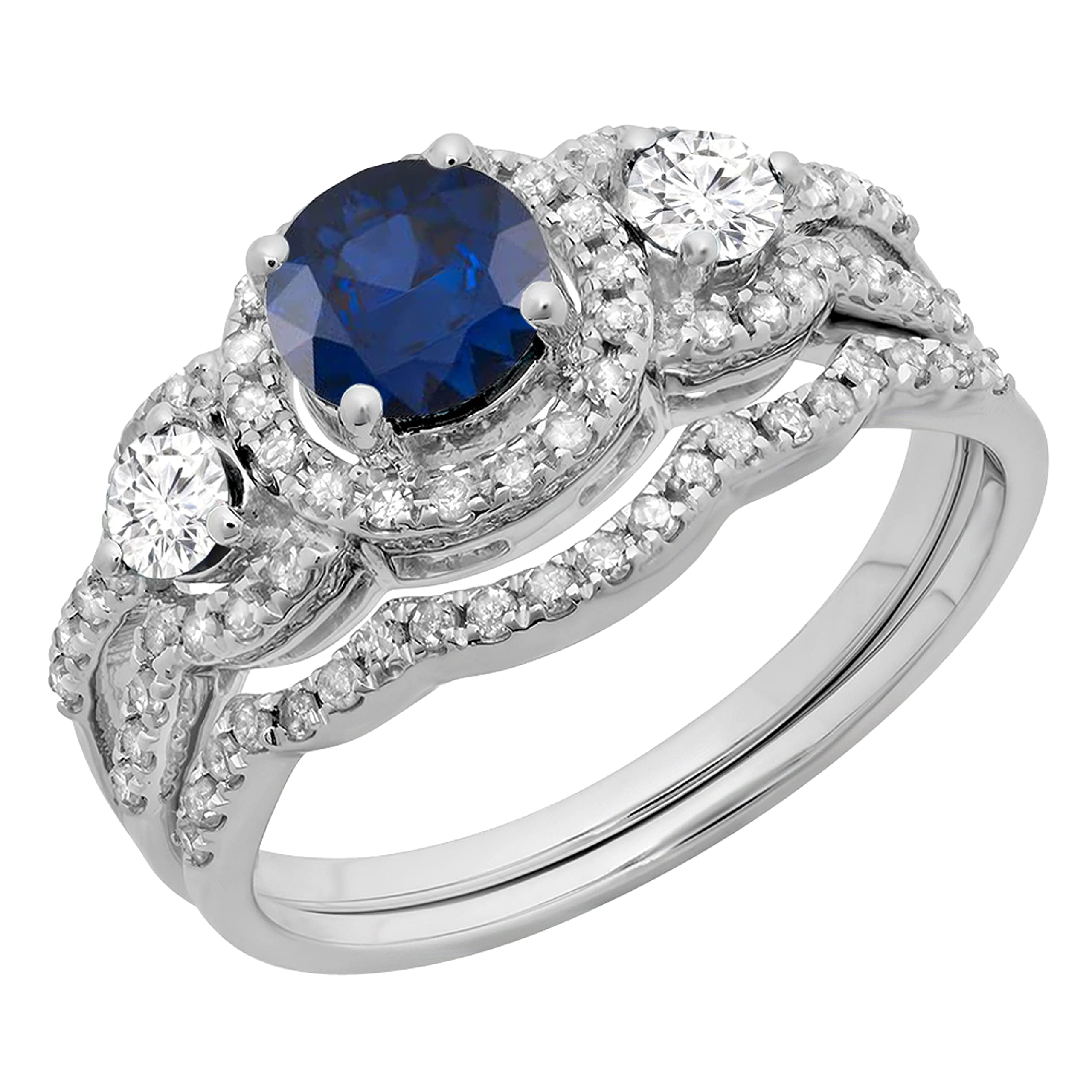 Dazzlingrock Collection Round Blue Sapphire & White Diamond 3 Stone Halo Wedding Ring Set for Women in 14K White Gold Size 6