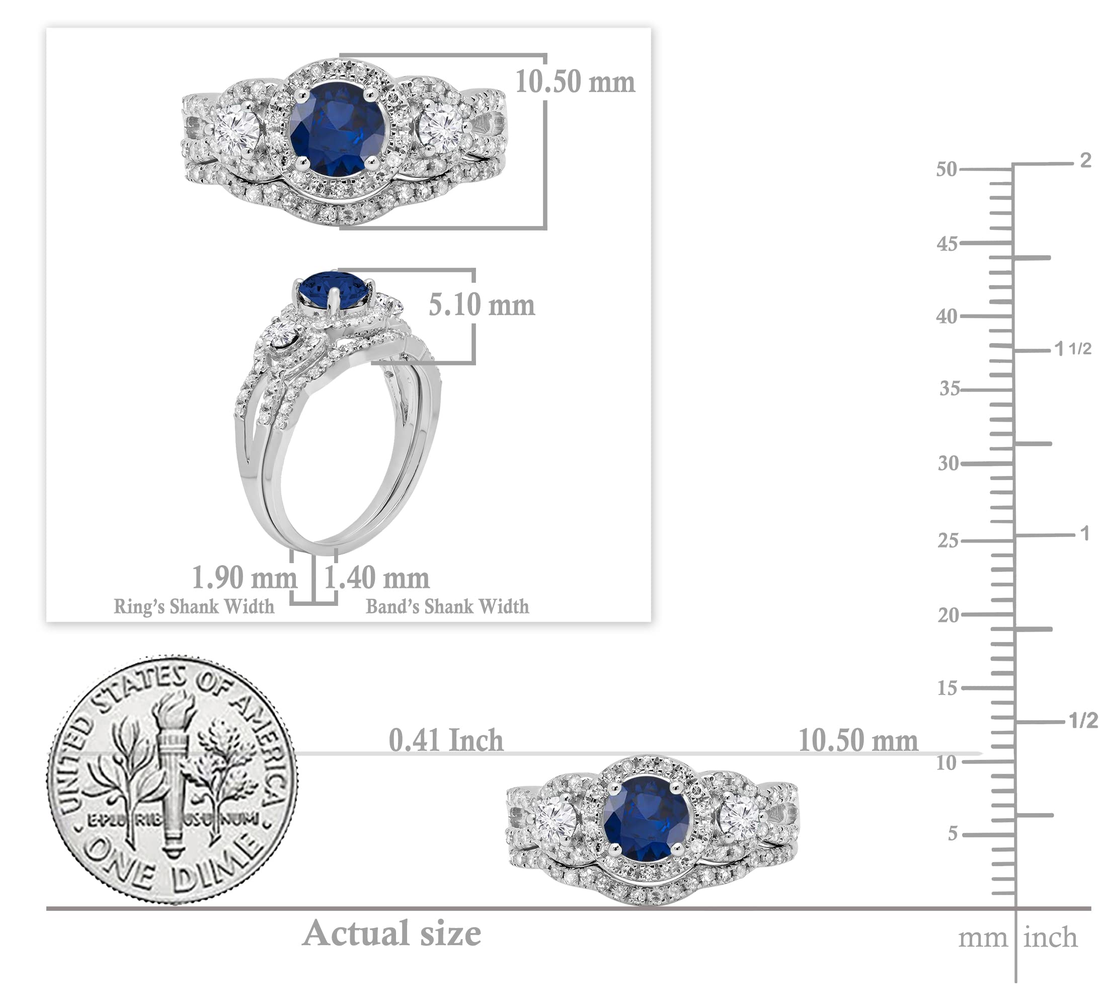 Dazzlingrock Collection Round Blue Sapphire & White Diamond 3 Stone Halo Wedding Ring Set for Women in 14K White Gold Size 6