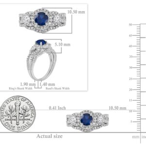 Dazzlingrock Collection Round Blue Sapphire & White Diamond 3 Stone Halo Wedding Ring Set for Women in 14K White Gold, Size 6.5