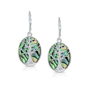 Large Oval Abalone Shell Lever Back Family Tree Of Life Dangle Earrings Western Jewelry For Women .925 Sterling Silver