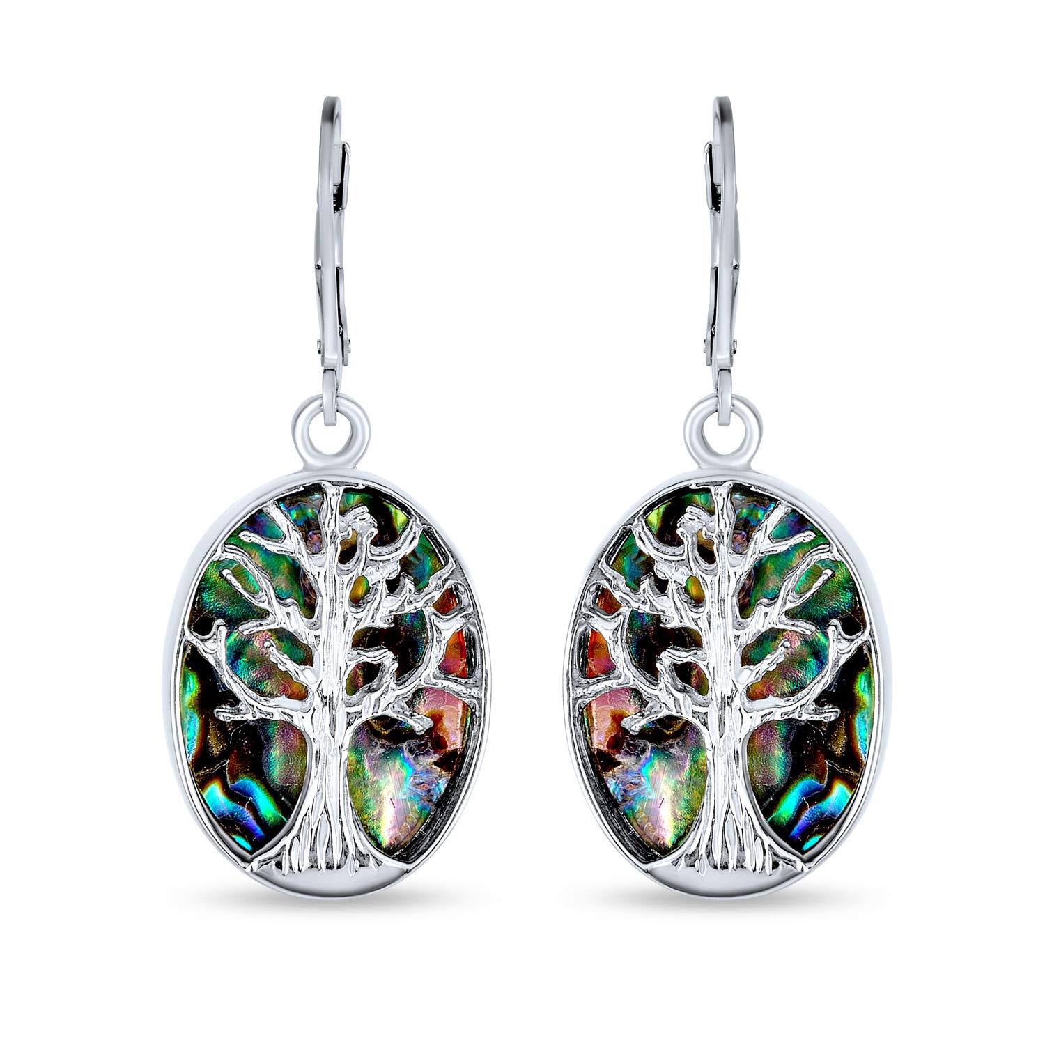 Large Oval Abalone Shell Lever Back Family Tree Of Life Dangle Earrings Western Jewelry For Women .925 Sterling Silver