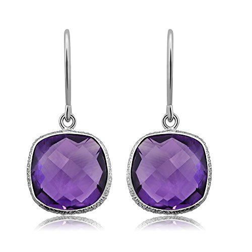 Gem Stone King 925 Sterling Silver Purple Amethyst Dangle Earrings For Women (12.00 Cttw, Gemstone Birthstone, Cushion Checkerboard Cut 12MM)