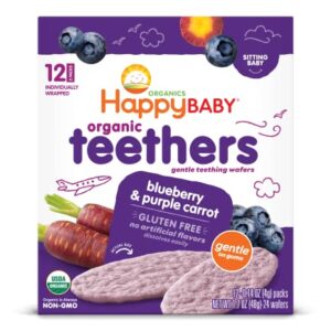 Happy Baby Gentle Teethers Organic Teething Wafers Blueberry Purple Carrot, 0.14 Ounce Packets (Box of 12) Soothing Rice Cookies for Teething Babies Dissolves Easily, Gluten Free No Artificial Flavor