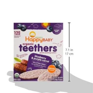 Happy Baby Gentle Teethers Organic Teething Wafers Blueberry Purple Carrot, 0.14 Ounce Packets (Box of 12) Soothing Rice Cookies for Teething Babies Dissolves Easily, Gluten Free No Artificial Flavor