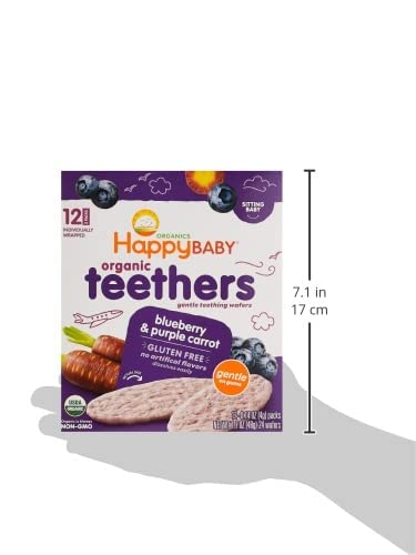 Happy Baby Gentle Teethers Organic Teething Wafers Blueberry Purple Carrot, 0.14 Ounce Packets (Box of 12) Soothing Rice Cookies for Teething Babies Dissolves Easily, Gluten Free No Artificial Flavor